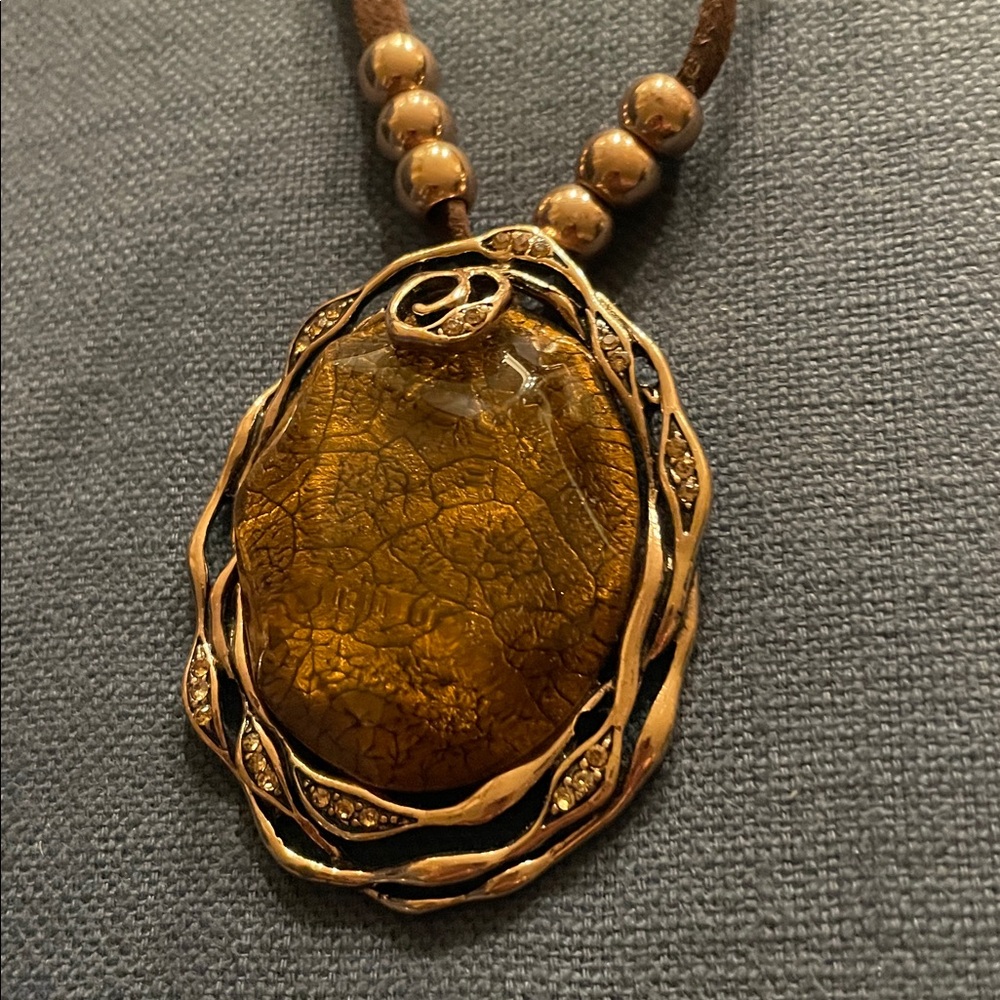 Brown and Gold Pendant Necklace leather strap Fashion jewelry - Picture 2 of 6